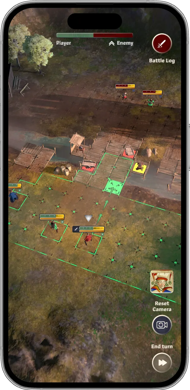 A turn-based battle on a tile grid — the player’s warriors advancing on the enemy, with health bars and a battle log.