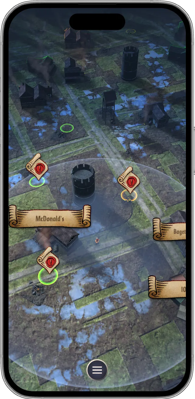 The Medieval world map — real-world streets rendered as a war-torn medieval town, with landmarks and quest markers.