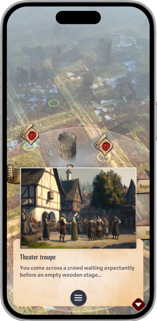 An in-game story encounter — a theatre-troupe event card over the live town map, waiting for the player’s choice.